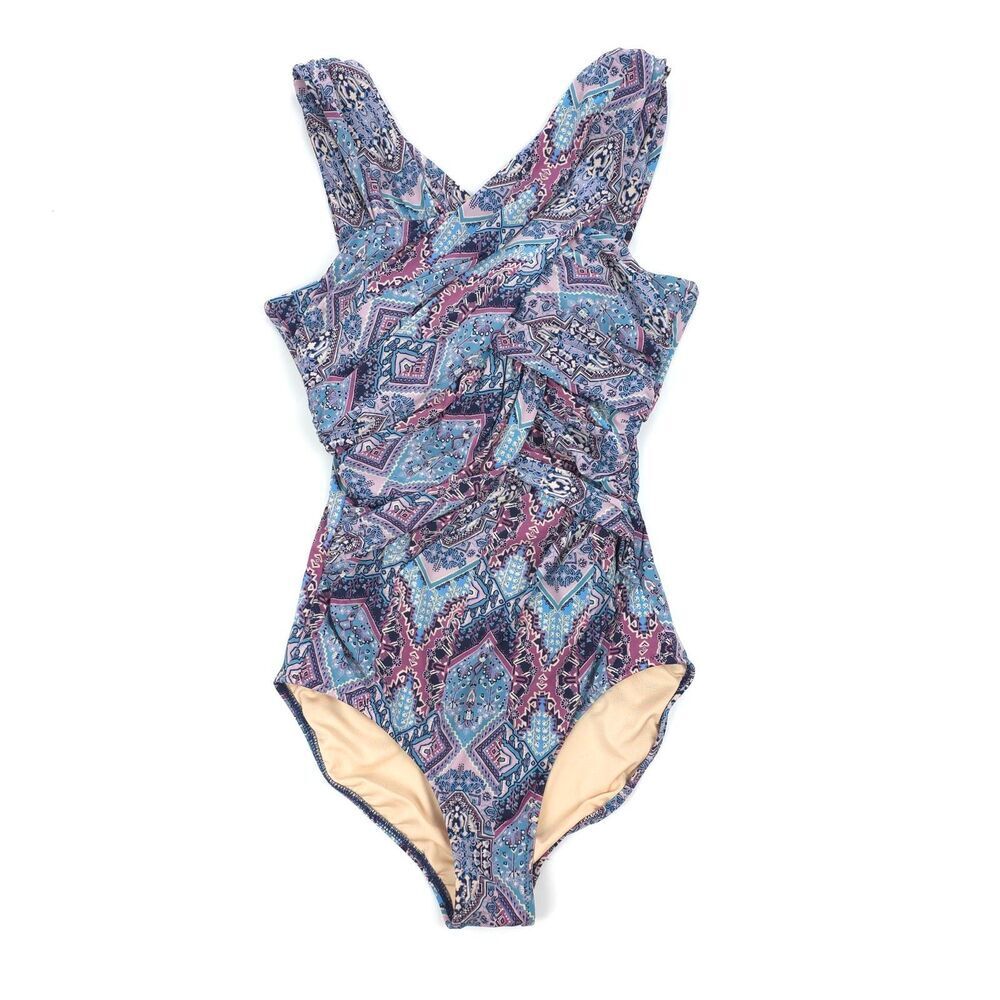 GARNET HILL Ruched-Front One-Piece Swimsuit Floral 70s Paisley Beach Boho Resort